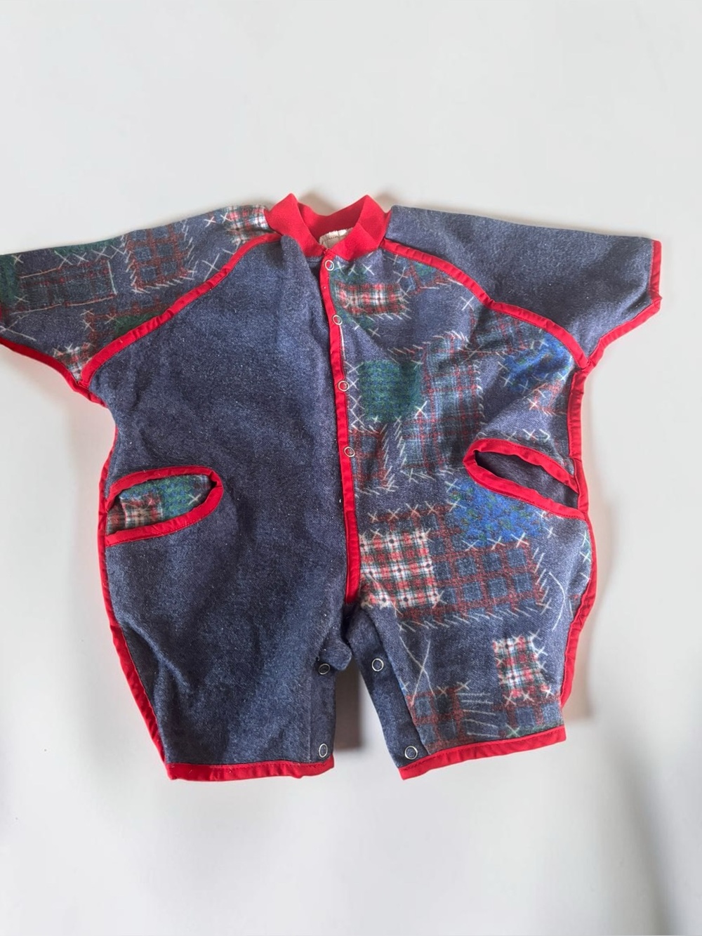 Vintage 80s 90s Baby Romper Plaid Patchwork Red Trim Snap One Piece 12-18 months